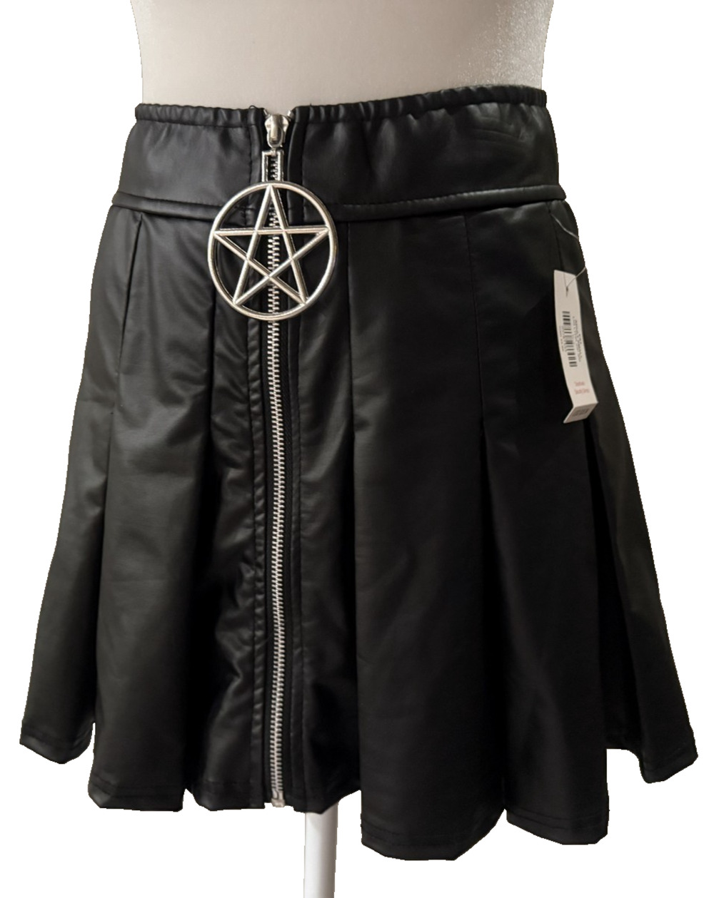 NWT Spencers Black Faux Leather Pleated Pentagram Zipper Mini Skirt Goth Alt S